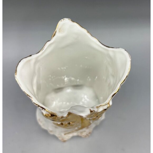 Antique White Porcelain Bud Vase Gold Tone Leaf Design Ornate Scalloped Edge - Picture 2 of 6